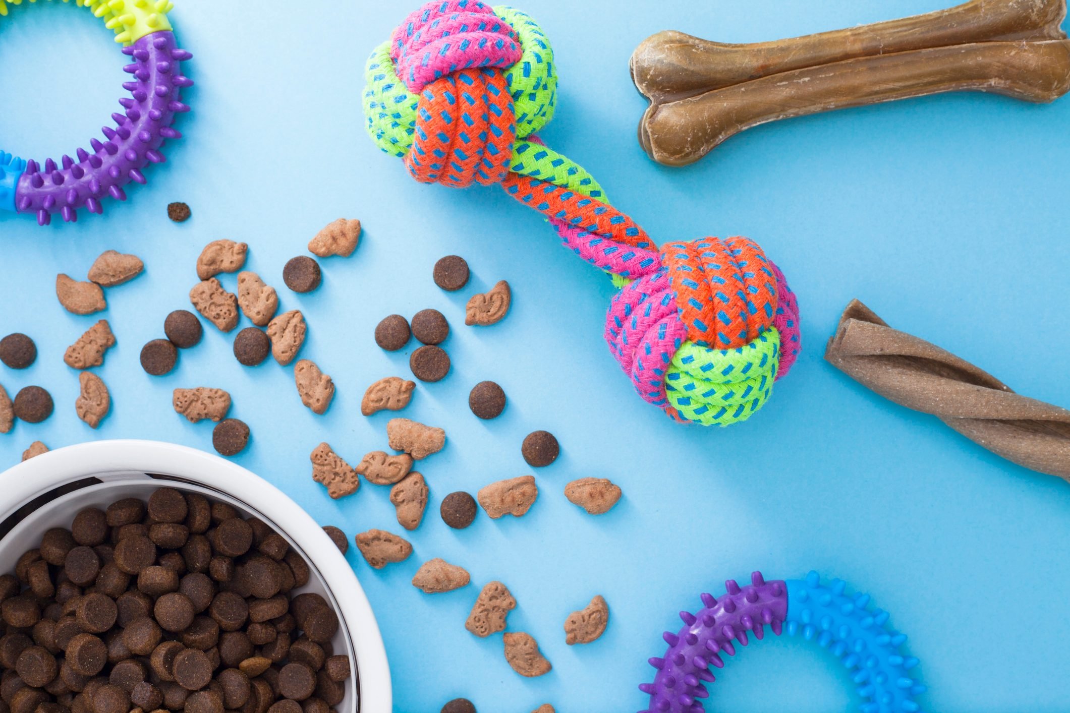 Assortment of dog toys, treats, and dry kibble